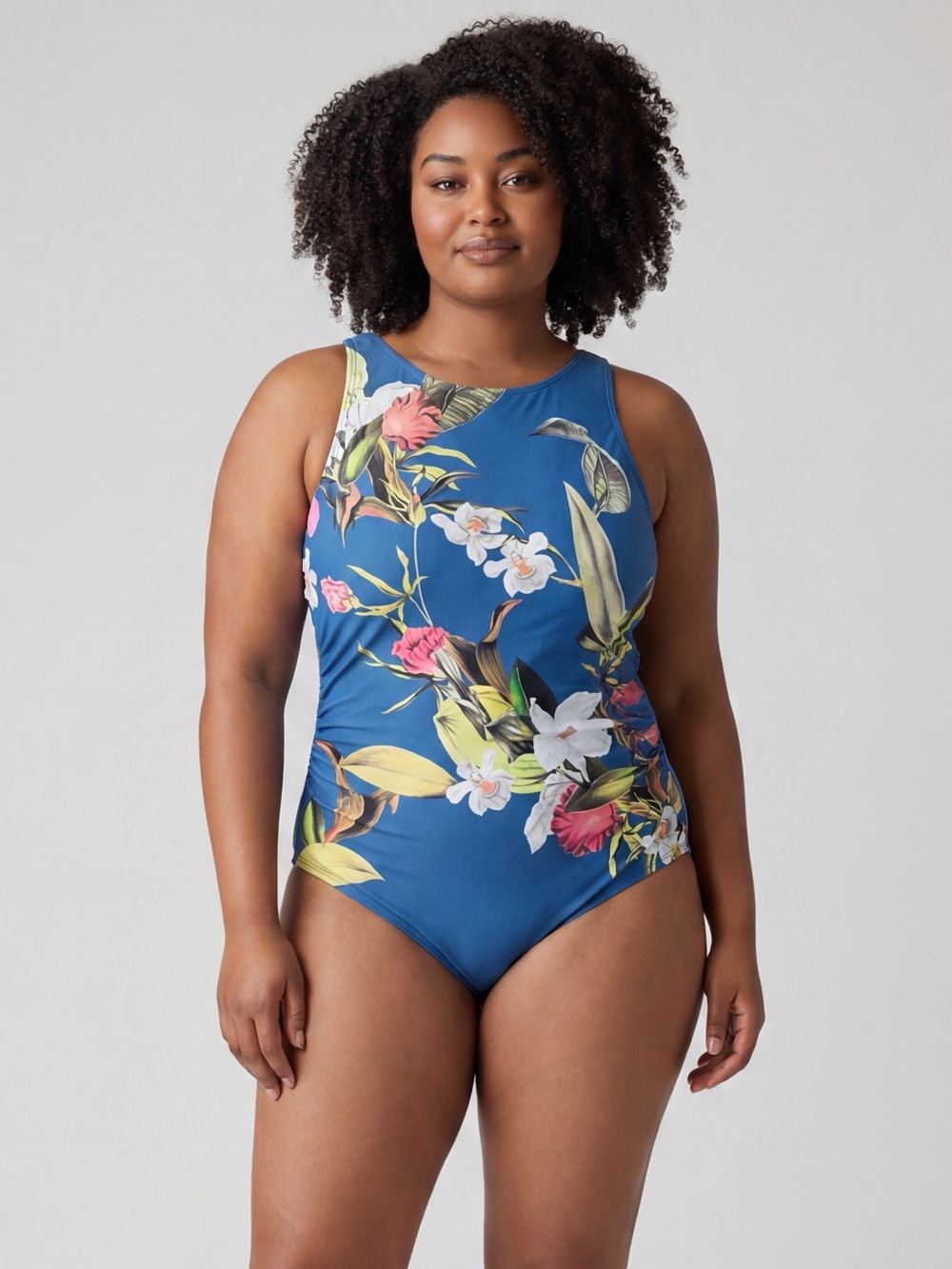 Jantzen One Piece Swimsuit Size 14 Blue Tropical Floral Tummy Control Swimwear